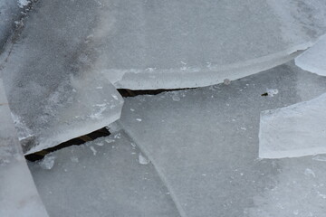 The texture of cracked ice on the river in the early spring