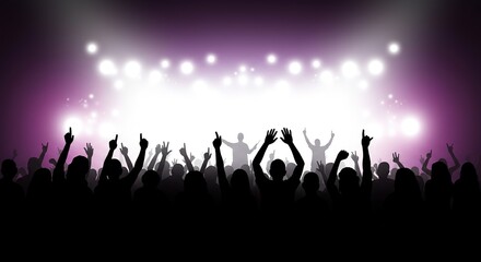 Fototapeta premium Excited Concert Crowd Silhouette: Energetic Audience Cheering with Raised Hands at a Live Music Event.