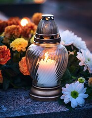 Palący się znicz i kwiaty na grobie na cmentarzu