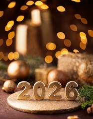 Złoty napis 2026 z prezentami i świątecznym tłem – noworoczna dekoracja - obrazy, fototapety, plakaty
