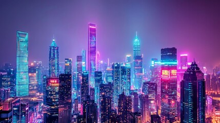 Obraz premium Vibrant Night Cityscape with Neon Lights and Skyscrapers Stunning View