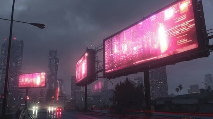 Fototapeta premium Urban Night Scene with Neon Billboards and Rainy Atmosphere