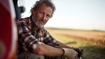 Caucasian male farmer in plaid shirt resting by field with tools.