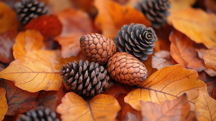 Fall wallpaper showcasing acorns and pinecones nestled in a bed of golden leaves