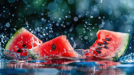 Watermelon slices splashing in water, showcasing freshness and summer vibes.