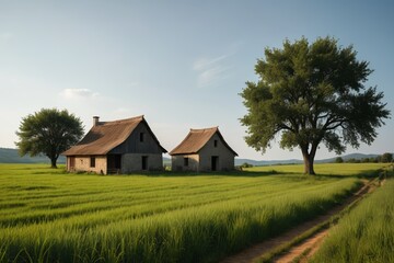 Obraz premium there are two old houses in a field with a dirt path