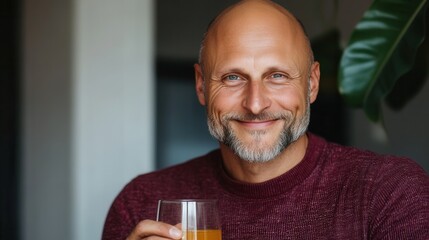 Caucasian mature male smiling while holding a glass of orange juice indoors.