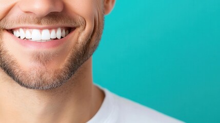 Fototapeta premium Smiling young caucasian male with beard against teal background.
