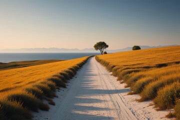 Obraz premium dirt road in a field with a lone tree on the side