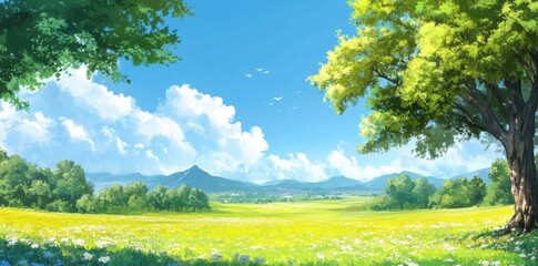 Fototapeta premium Beautiful Meadow Stretches beneath the Majestic Mountain with Lush Green Trees, Wildflowers, and Clear Blue Sky. Scenic Landscape.