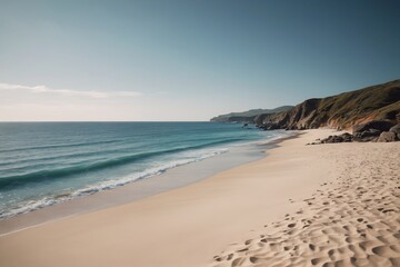 araffes on a sandy beach with a blue ocean and mountains in the background