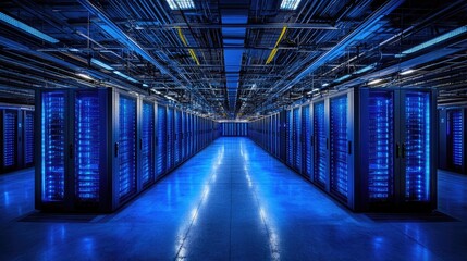 Fototapeta premium A futuristic data center with glowing blue server racks and extensive cabling, symbolizing cloud computing and cybersecurity. Ideal for technology and digital infrastructure concepts