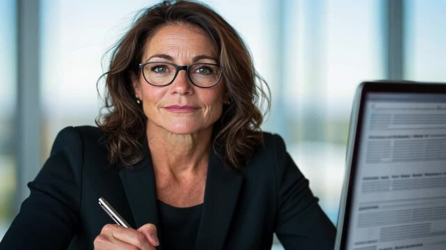 A professional woman jotting down business ideas in a sleek, contemporary office environment.