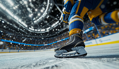 Obraz premium An ice hockey player in a dynamic pose, with a close-up focus on their skates and the action-packed stadium in the background. The lighting highlights the intensity and excitement of the game