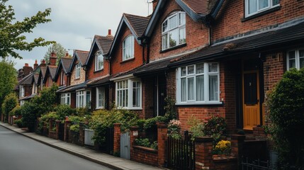 Charming brick row houses in suburban neighborhood with lush greenery