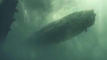 A submerged ship amidst stormy waters, surrounded by lightning and mist.
