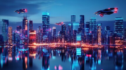 Obraz premium Futuristic Cityscape at Night with Flying Vehicles and Neon Lights