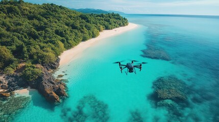 Fototapeta premium A drone capturing aerial footage over a tropical island