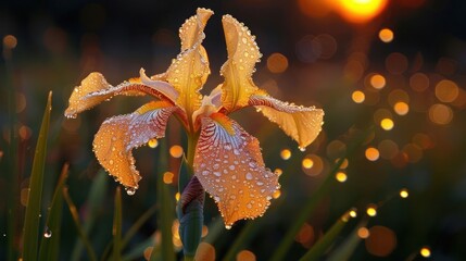 A close-up of a vibrant iris flower adorned with water droplets, set against a bokeh sunset.