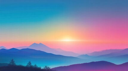 Fototapeta premium Minimalist and aesthetic vector night scene, flat mountains in shades of green and blue, soft pink trees as the focal point, and a subtle deep blue gradient sky