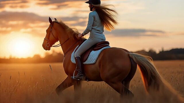 In a field, a woman is mounted on a horse.