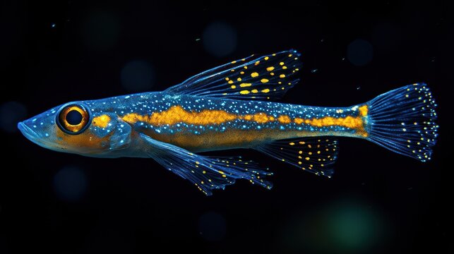 A glowing deep-sea lanternfish in pitch-black darkness, cinematic lighting