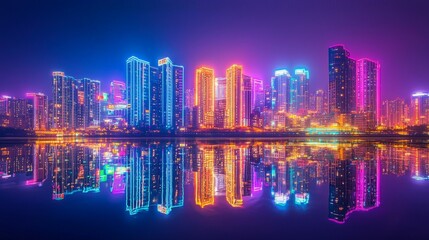 Fototapeta premium Vibrant City Skyline at Night with Colorful Neon Lights Reflection