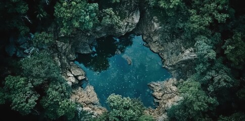 Obraz premium Hidden lagoon reflects lush forest, creating serene oasis. Aerial view of tranquil hidden lagoon surrounded by dense green foliage, reflecting trees and sky.