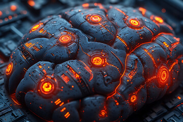 Fototapeta premium A futuristic and abstract digital rendering of a human brain with glowing neural connections and electric impulses. The image symbolizes artificial intelligence, neuroscience, deep learning, and cogni