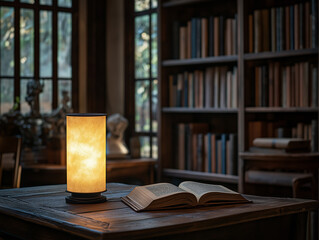 Cozy Library with Warm Lighting and Glowing Open Book on Wooden Table