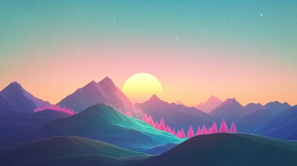 Dreamlike minimalist vector artwork, smooth and layered blue-green mountains, soft pink glowing trees, a star-filled night sky, and a subtle warm gradient in the background