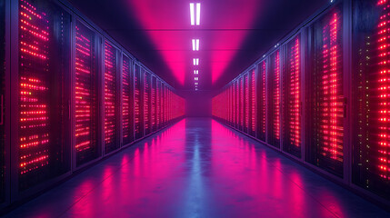 Fototapeta premium A futuristic data center with glowing server racks and colorful LED lighting, symbolizing high-performance computing, cloud technology, and cybersecurity