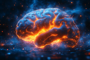 Obraz premium A futuristic and abstract digital rendering of a human brain with glowing neural connections and electric impulses. The image symbolizes artificial intelligence, neuroscience, deep learning, and cogni