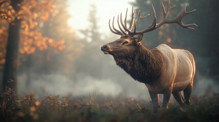 Tranquil Spring Morning with Elk in Misty Forest