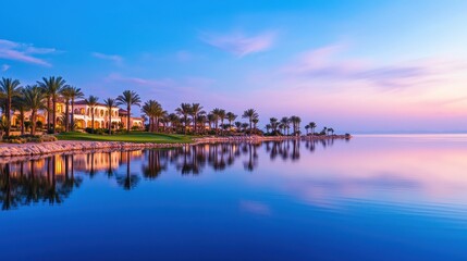 Fototapeta premium Serene Dusk at Luxurious Golf Resort with Palm Trees Overlooking Calm Lake