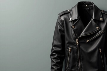 Classic Black Leather Motorcycle Jacket with Asymmetrical Zipper Detail and Golden Hardware