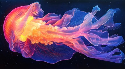 Fototapeta premium A glowing jellyfish-like comb jellyfish, soft neon colors, deep sea background