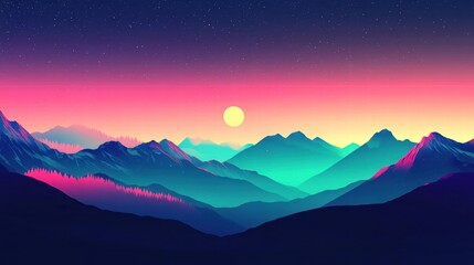 Obraz premium Japanese-inspired minimalist night scenery, stylized green and blue mountain ridges, delicate pink trees, a dark navy-blue sky with traditional soft star clusters