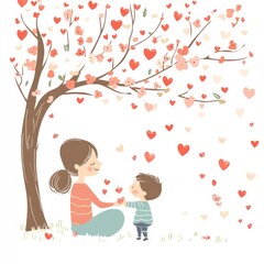 Mother's Love Under a Heart-Shaped Blossom Tree