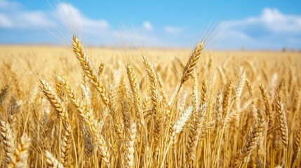 Fototapeta premium Golden Wheat Field Under Bright Blue Sky with Fluffy Clouds