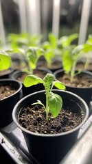 Seedling plants in black pots on a seedling tray