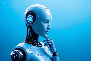AI robots to help human work in the future blue background 