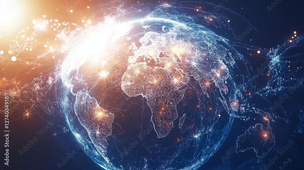 Wall mural global network: an artistic representation of the earth, visualized through a web of interconnected 