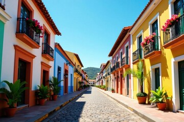 Fototapeta premium Vibrant Street Scene with Colorful Buildings, Cobblestone Road, and Lush Greenery on Sunny Day