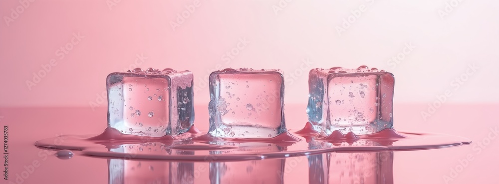 Poster minimalistic shot of melting ice cubes on pink background. close-up still life. abstract cool refres