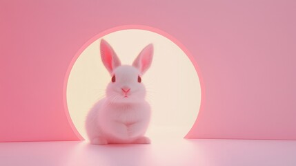 Obraz premium White fluffy bunny nestling inside delicate pink archway, surrounded by soft pastel hues, ears perked with gentle curiosity and tranquil presence