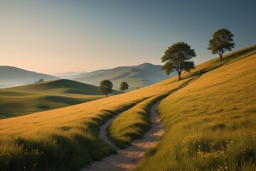 Obraz premium grassy hill with a dirt path leading to two trees