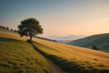 Obraz premium grassy field with a lone tree on a hill in the distance