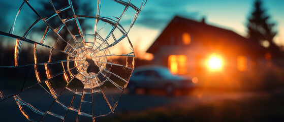 Shattered window in foreground with sunset view of house, house and car insurance concepts.