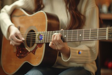 Fototapeta premium Hands skillfully playing guitar in a recording studio emphasizing the art of learning music